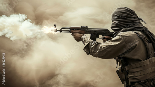 Terrorism concept. A rebel soldier takes aim at targets with a machine gun. Portrait. High quality photo.