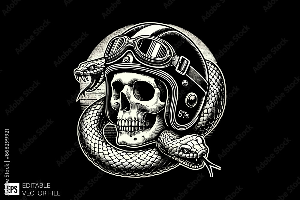 Skull head tied by snake and wearing helmet vector illustration design black and white