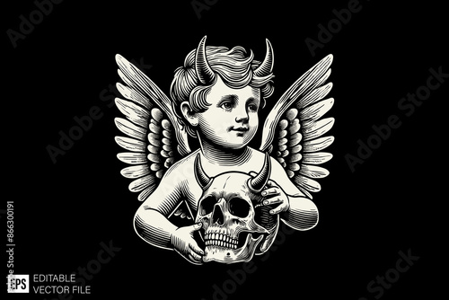 Illustration of Cupid holding skull head for graphic tee design vector