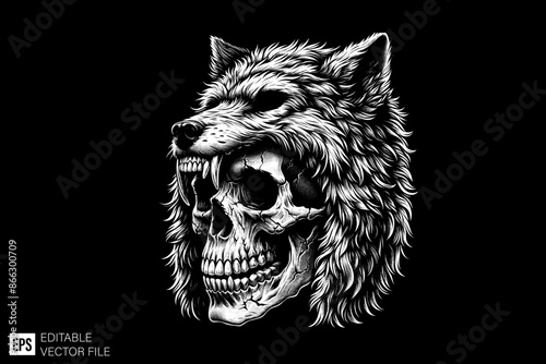 Skull head wearing wolf beanie vector illustration design black and white