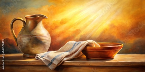A serene watercolor illustration of Jesus' washing basin, pitcher, and towel, set against a warm background, evoking a sense of humility and reverence on Maundy Thursday.