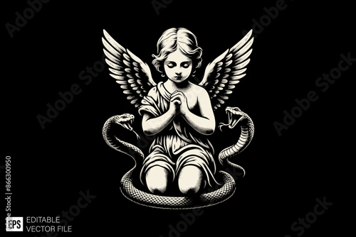 angels girls Praying black and white vector illustration