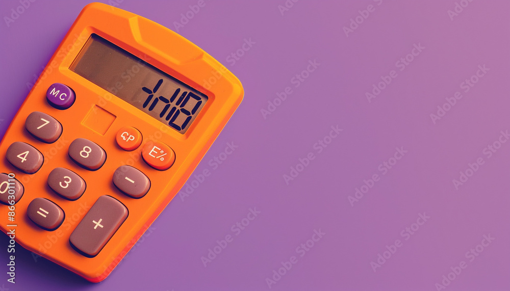 An orange calculator in the top left corner of a solid purple background, essential for math calculations. An orange calculator in the top left corner of a solid purple background, essential for math calculations.