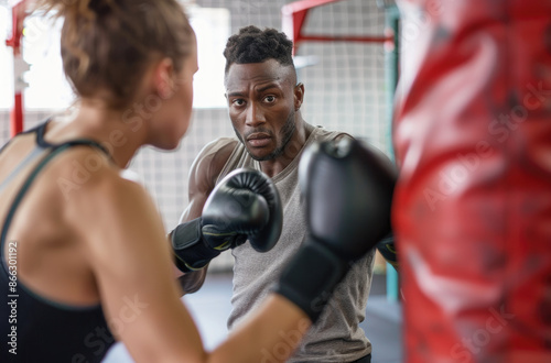 Close-up of man and woman training boxing in gym, wearing focus-point gloves with target pad for composing moves to give brain ropey effects. © Kien