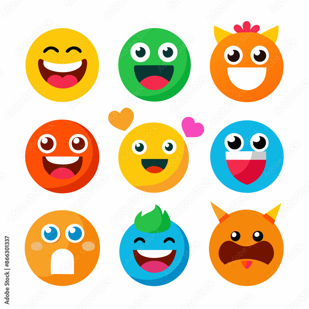 Colorful smiley faces with a variety of expressions and emotions Colorful smiley faces with a variety of expressions and emotions