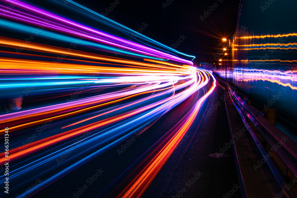 Dynamic Light Trails on a Night Highway Showcasing Motion and Speed with Vibrant Neon Colors Dynamic Light Trails on a Night Highway Showcasing Motion and Speed with Vibrant Neon Colors