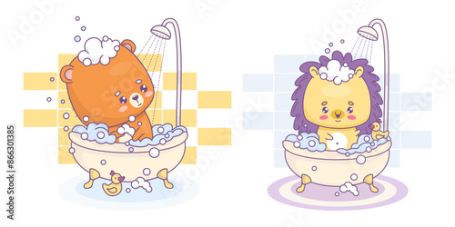 Cute cartoon bear and hedgehog bathes in bath with foam and rubber duck. Isolated funny kawaii animals character in shower in bathroom. Vector illustration. Kids collection