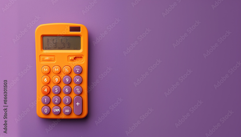 An orange calculator in the top left corner of a solid purple background, essential for math calculations. An orange calculator in the top left corner of a solid purple background, essential for math calculations.