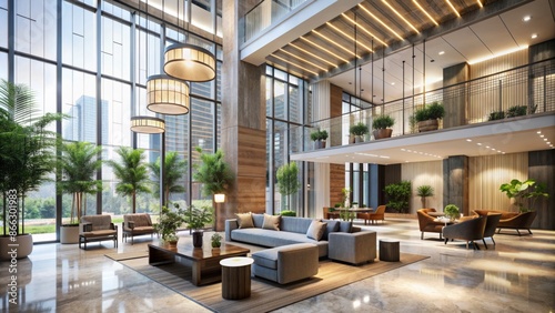 Minimalist hotel lobby open concept high ceilings
