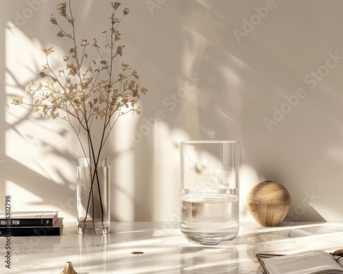 A vase of flowers on table next to glass of water