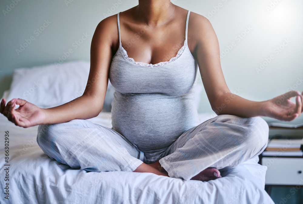 Pregnant woman, hands and meditation with bed to relax for awareness, spiritual wellness or inner peace at home. Closeup of calm female person in lotus pose, zen or maternity for pregnancy in bedroom Pregnant woman, hands and meditation with bed to relax for awareness, spiritual wellness or inner peace at home. Closeup of calm female person in lotus pose, zen or maternity for pregnancy in bedroom