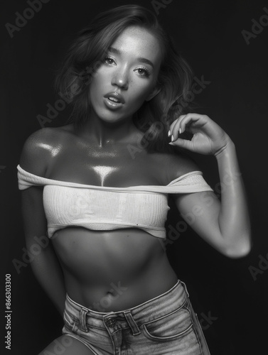 Female model with dewy skin...