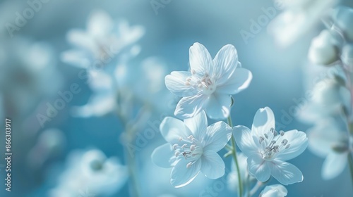 A close up of a bunch of white flowers with blue sky in the background