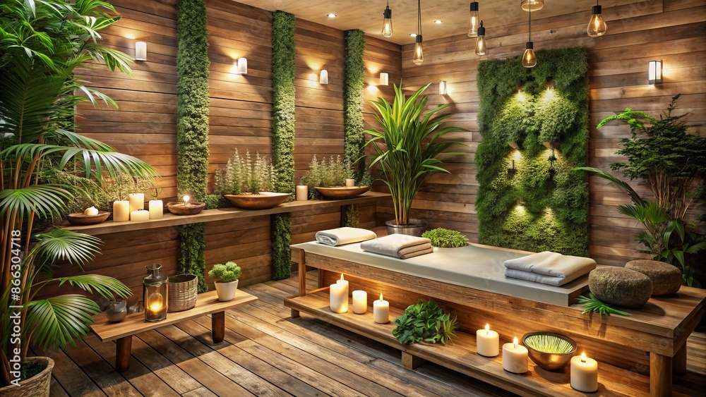 Soothing ambiance of a serene spa, featuring natural materials, reclaimed wood accents, and lush greenery, surrounded by warm soft lighting and calming earth tones. Soothing ambiance of a serene spa, featuring natural materials, reclaimed wood accents, and lush greenery, surrounded by warm soft lighting and calming earth tones.
