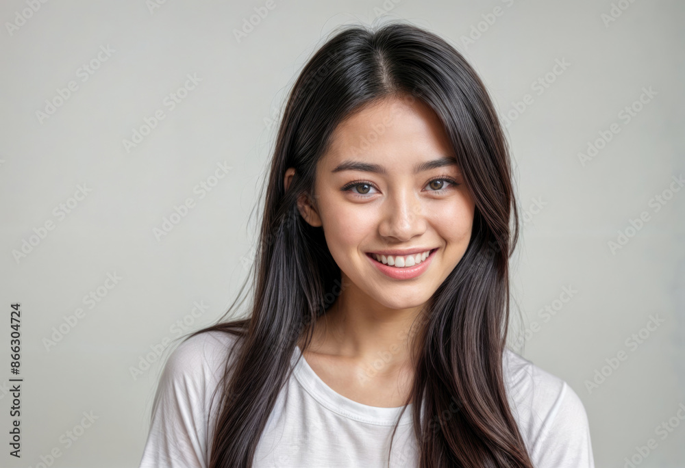 Smiling East Asian woman, 25, with long dark hair on a white background Smiling East Asian woman, 25, with long dark hair on a white background