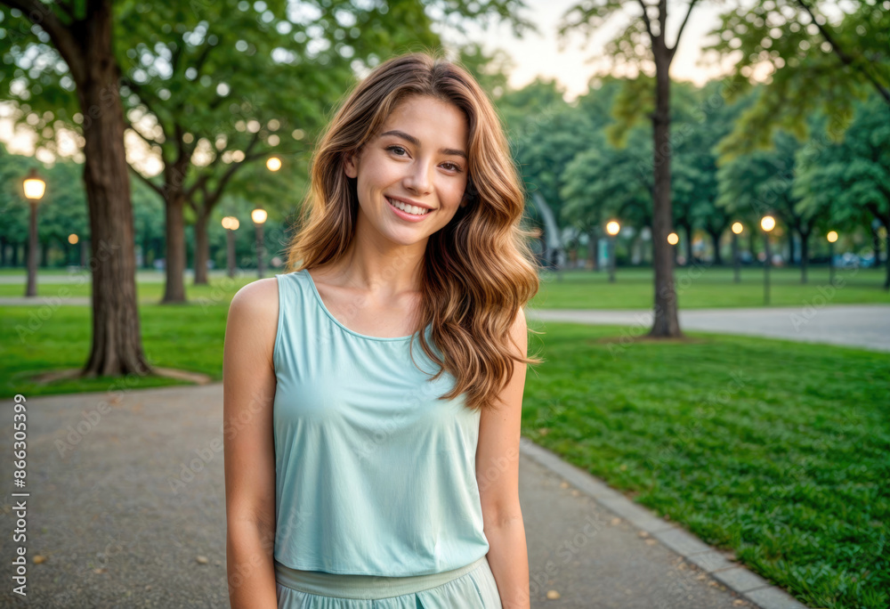 Smiling young woman with long brown hair in a park Smiling young woman with long brown hair in a park