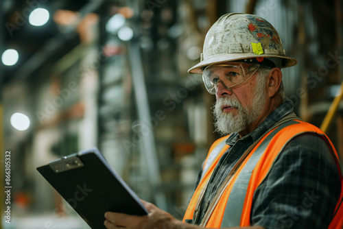 Industrial Worker Wearing Safety Gear and Holding Clipboard in Factory Setting