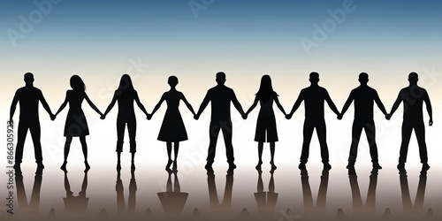 Silhouette of a group of 10 people holding hands in a line photo