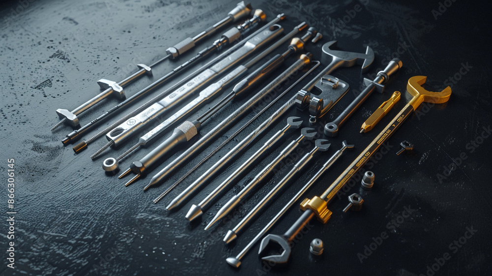 An orderly square of professional civil engineering tools on a smooth black surface.