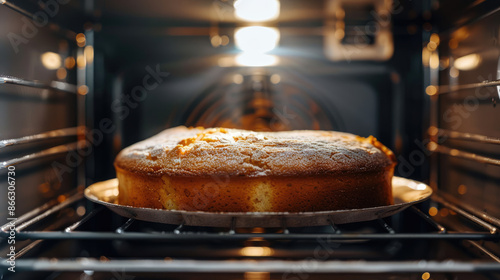 Delicious round sponge cake baking in oven on kitchen photo