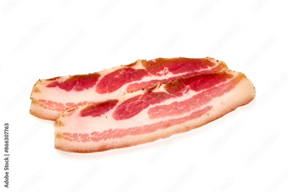 Smoked bacon. Streaky brisket slices, isolated on white background. Smoked bacon. Streaky brisket slices, isolated on white background.