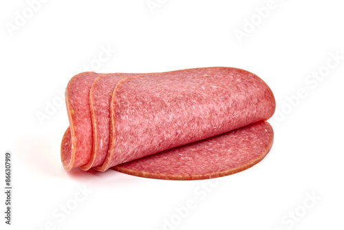 Thin salami sausage slices, isolated on white background. © GSDesign