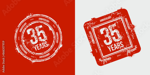Group of 35th anniversary logos drawn as stamps, red frames for celebration. Grunge rubber stamp texture. Holiday stamps. Postage stamp collection. Vector round and rectangular stamps