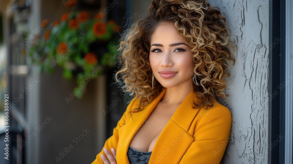 Fototapeta premium Confident Woman with Curly Hair in Yellow Blazer Standing Outdoors 