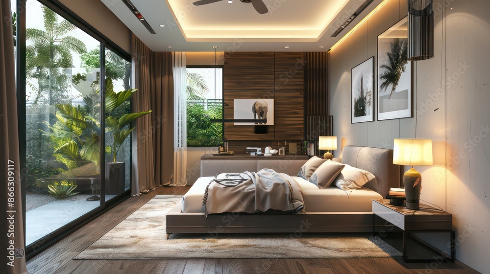 bedroom with bed, nightstand and wall art, plants, cozy bedroom home design, interior bedroom