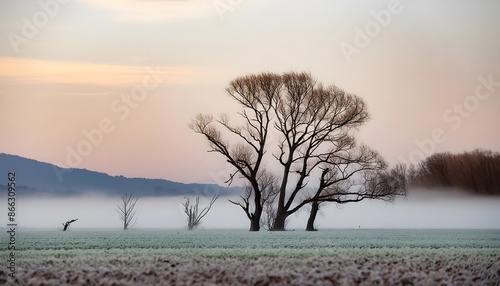 Solitary tree standing in misty field. Perfect for nature or landscape backgrounds. misty morning in the morning
