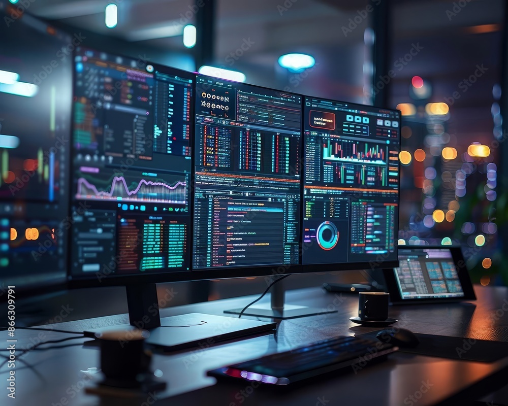 Hightech workstation with multiple monitors displaying advanced software development tools, code editors, and realtime debugging applications Hightech workstation with multiple monitors displaying advanced software development tools, code editors, and realtime debugging applications