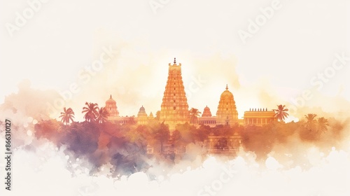 Simple watercolor panoramic view of iconic tamil nadu landscapes at sunset.