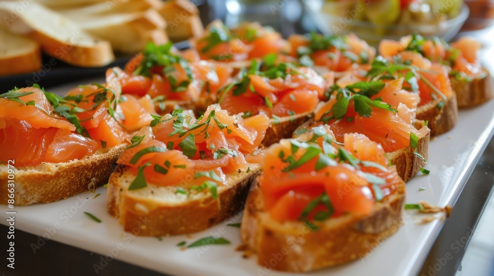 Hors Doeuvres with Salmon and Toasted Bread Served on a Plate Hors Doeuvres with Salmon and Toasted Bread Served on a Plate