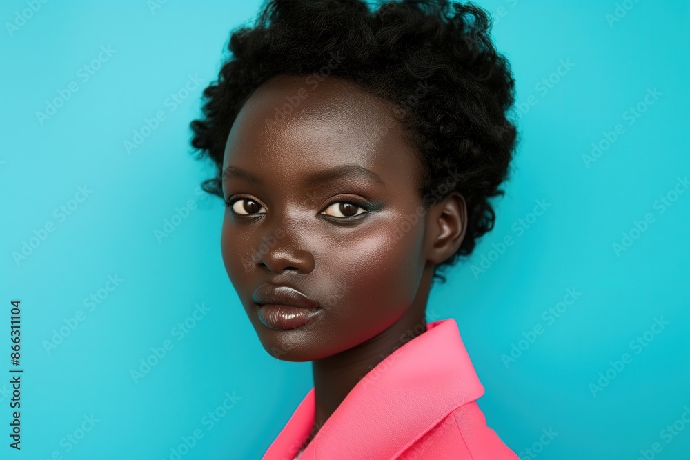 Elegant Young Woman in Pink Blazer with Afro Hairstyle Against Blue Background, Business Portrait
Elegant Young Woman in Pink Blazer with Afro Hairstyle Against Blue Background, Business Portrait