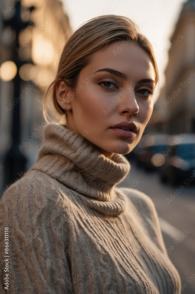 Elegant Woman in Cozy Turtleneck Sweater on a City Street at Golden Hour, Stylish Fashion Portrait Elegant Woman in Cozy Turtleneck Sweater on a City Street at Golden Hour, Stylish Fashion Portrait