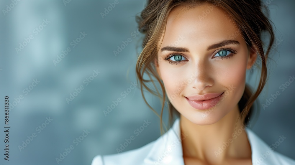 Naklejka premium Smiling Woman with Blue Eyes and Brown Hair in White Blazer Against Soft Blue Background, Space For Copy Text 