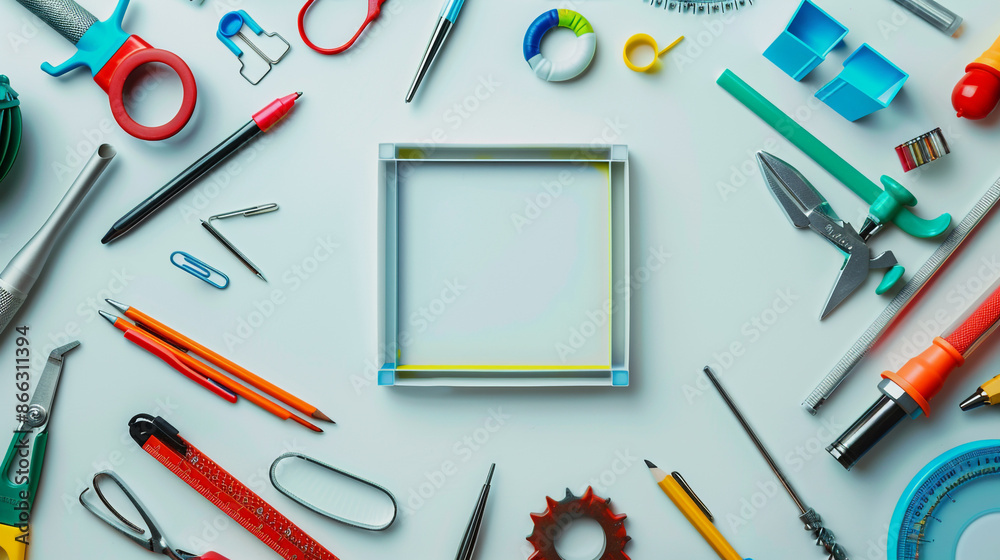 Assorted educational tools forming a precise square on a white background. Assorted educational tools forming a precise square on a white background.
