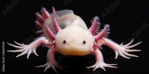 Cute pink albino axolotl - isolated black background