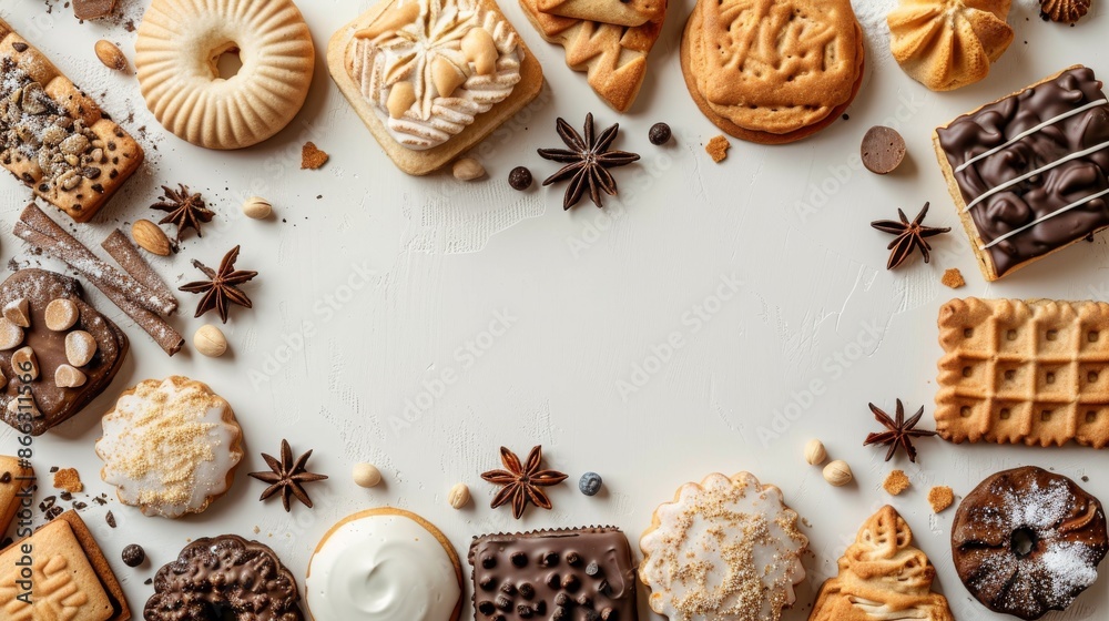Assorted cookies, biscuits and spices arranged in a frame on white background. Food photography, bakery, baking, dessert, sweet treats, snack, gourmet, homemade, organic Assorted cookies, biscuits and spices arranged in a frame on white background. Food photography, bakery, baking, dessert, sweet treats, snack, gourmet, homemade, organic