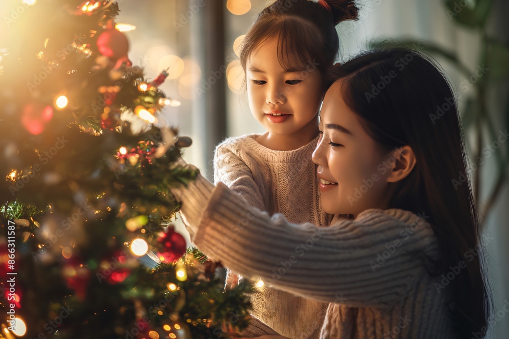 Mother and daughter enjoying decorating the Christmas tree with colorful ornaments and lights