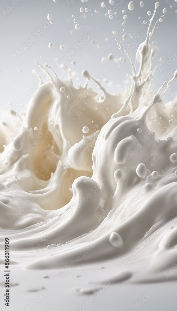 White milk or cream wave splash with splatters and drops isolated on white background White milk or cream wave splash with splatters and drops isolated on white background