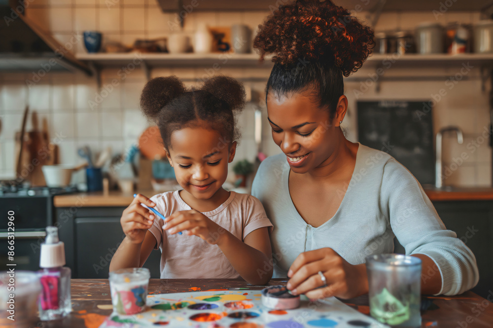 Fototapeta premium Mother and her daughter are painting at their kitchen table, enjoying a fun and creative activity together