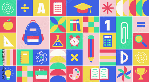 Modern colorful geometric background with school supplies and shapes. Back to school pattern and mosaic design. Vector illustration