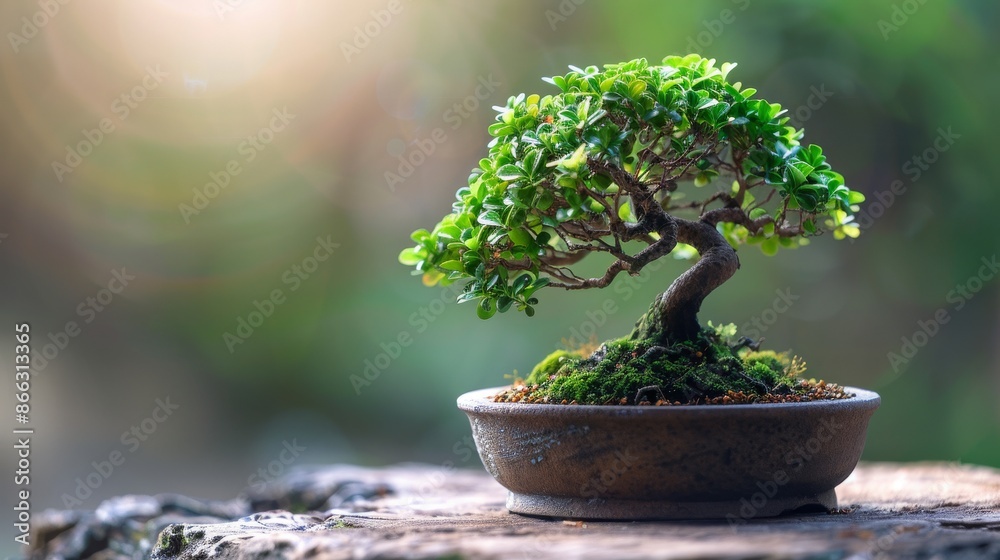 Small green bonsai tree in terracotta pot with blurred green background. Japanese Bonsai Tree in a garden setting. Small green bonsai tree in terracotta pot with blurred green background. Japanese Bonsai Tree in a garden setting.