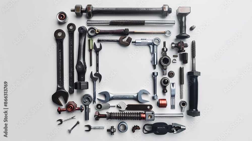 Assorted mechanical tools forming a perfect square on a white background. Assorted mechanical tools forming a perfect square on a white background.