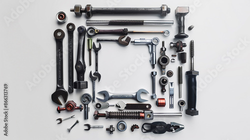 Assorted mechanical tools forming a perfect square on a white background.