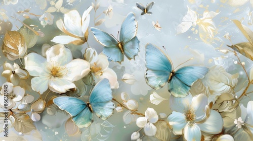 Delicate spring flowers and light blue butterflies with a golden tint