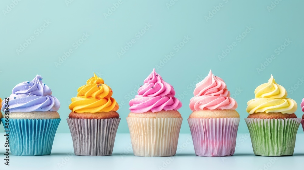 Delicious frosted cupcakes in a row. Delicious frosted cupcakes in a row.