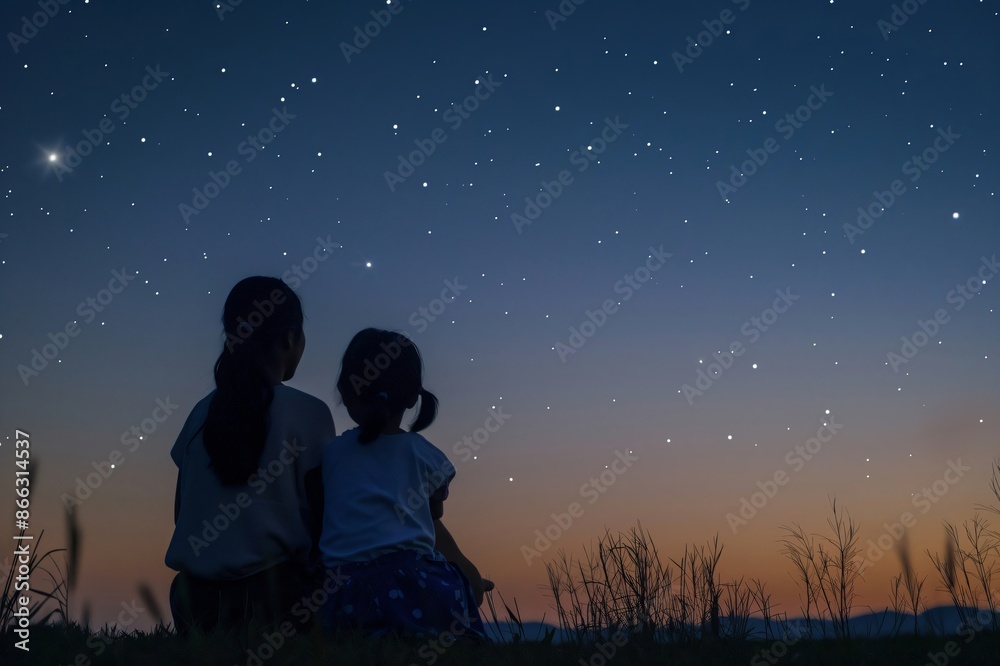 Two sisters are enjoying a peaceful evening together, sitting in a field of grass and looking up at the starry night sky