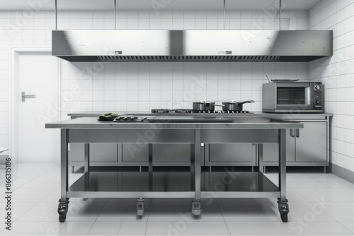 Design of a professional kitchen for a restaurant or cafe. Metal table. Kitchen equipment for catering. Cooking space